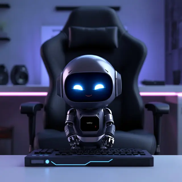 Webby, o robô assistente do WebGenial AI, sentado em frente ao teclado